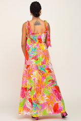 Pink Tropical Print Smocked Tie Sleeve Maxi Dress