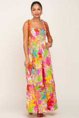 Pink Tropical Print Smocked Tie Sleeve Maxi Dress