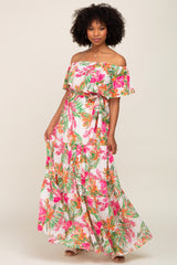 Ivory Tropical Print Off Shoulder Maternity Maxi Dress