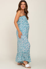 Aqua Floral Strapless Ruffle Maternity Jumpsuit