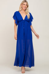 Royal Blue Flounce Button Front Maternity Maxi Dress