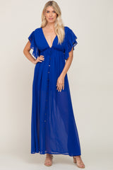 Royal Blue Flounce Button Front Maxi Dress