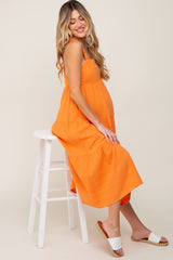 Neon Orange Tiered Crisscross Strap Maternity Midi Dress