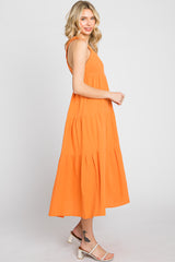 Neon Orange Tiered Crisscross Strap Midi Dress