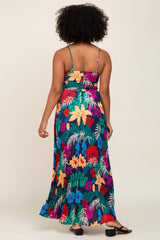 Black Tropical Floral Satin Pleated Maxi Dress