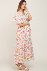 White Floral Puff Sleeve Maternity Maxi Dress