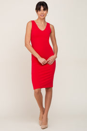 Red Basic V-Neck Sleeveless Dress