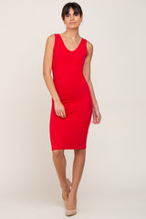 Red Basic V-Neck Sleeveless Dress