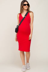 Red Basic V-Neck Sleeveless Maternity Dress