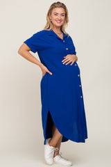 Royal Blue Button Down Hi Low Maternity Plus Maxi Dress