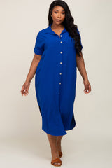 Royal Blue Button Down Hi Low Plus Maxi Dress