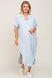 Light Blue Button Down Hi Low Maternity Plus Maxi Dress