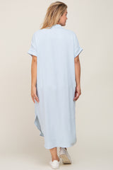 Light Blue Button Down Hi Low Maternity Plus Maxi Dress