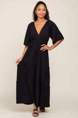 Black Deep V-Neck Tiered Maternity Maxi Dress