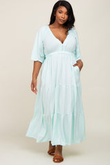 Mint Green Deep V-Neck Tiered Maternity Plus Maxi Dress