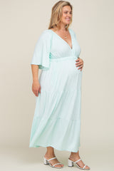 Mint Green Deep V-Neck Tiered Maternity Plus Maxi Dress