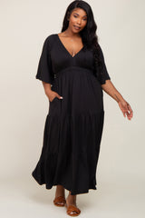 Black Deep V-Neck Tiered Maternity Plus Maxi Dress