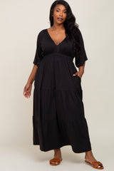 Black Deep V-Neck Tiered Plus Maxi Dress