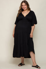 Black Deep V-Neck Tiered Maternity Plus Maxi Dress