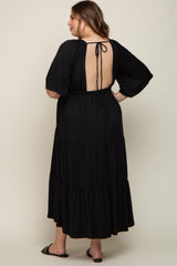 Black Deep V-Neck Tiered Maternity Plus Maxi Dress