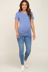 Blue Basic Crew Neck Maternity Tee