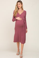 Mauve Rib Knit Long Sleeve Maternity Wrap Midi Dress