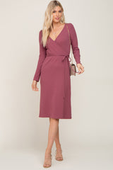 Mauve Rib Knit Long Sleeve Maternity Wrap Midi Dress