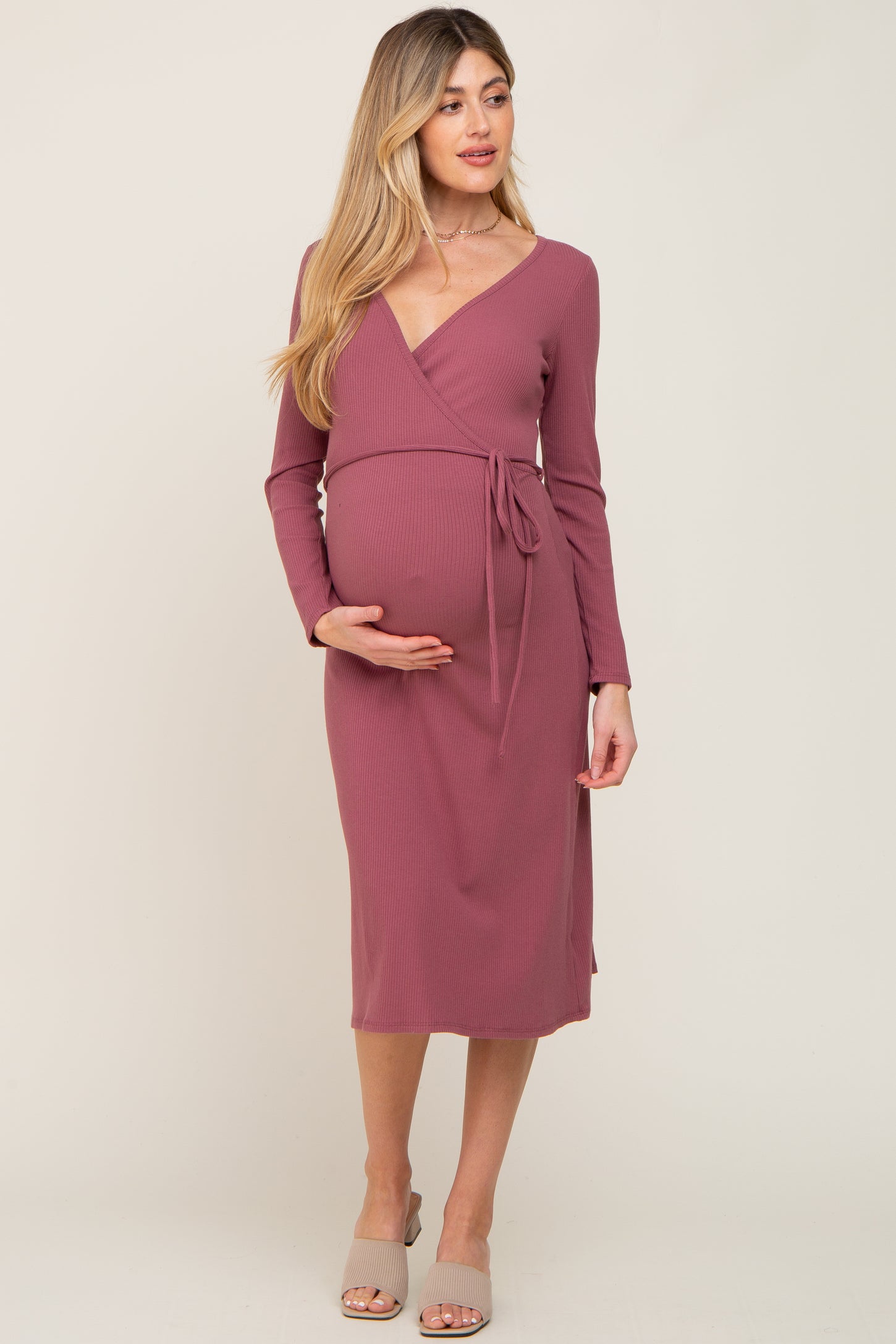 Mauve Rib Knit Long Sleeve Maternity Wrap Midi Dress – PinkBlush