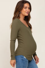 Olive Ribbed Scoop Neck Long Sleeve Maternity Top