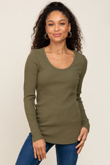 Olive Ribbed Scoop Neck Long Sleeve Maternity Top