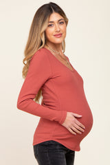 Rust Ribbed Scoop Neck Long Sleeve Maternity Top