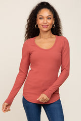 Rust Ribbed Scoop Neck Long Sleeve Maternity Top