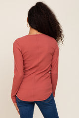 Rust Ribbed Scoop Neck Long Sleeve Top