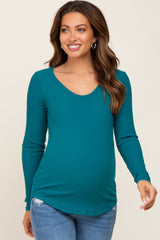 Teal Ribbed Scoop Neck Long Sleeve Maternity Top