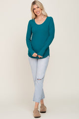 Teal Ribbed Scoop Neck Long Sleeve Top