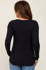 Black Ribbed Scoop Neck Long Sleeve Maternity Top