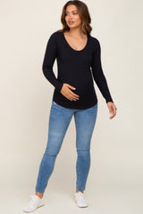 Black Ribbed Scoop Neck Long Sleeve Maternity Top