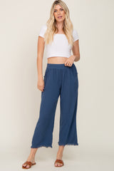 Navy Linen Frayed Hem Crop Pants