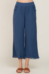 Navy Linen Frayed Hem Crop Pants