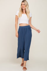 Navy Linen Frayed Hem Crop Pants