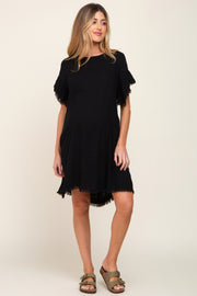 Black Frayed Trim Back Keyhole Linen Maternity Dress