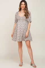 Cream Floral Puff Sleeve Smocked Maternity Mini Dress