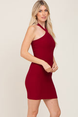 Burgundy Ribbed Knit Halter Neck Fitted Dress