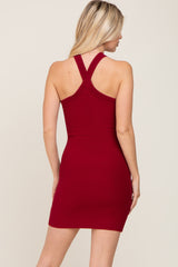 Burgundy Ribbed Knit Halter Neck Fitted Dress