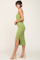 Light Olive Ribbed Knit Side Slit Midi Dress