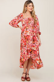 Coral Multi-Color Floral Smocked Maternity Hi-Lo Dress