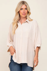 Beige Button Down 3/4 Sleeve Maternity Top