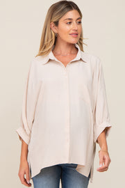 Beige Button Down 3/4 Sleeve Maternity Top