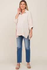 Beige Button Down 3/4 Sleeve Maternity Top