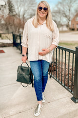 Beige Button Down 3/4 Sleeve Maternity Top